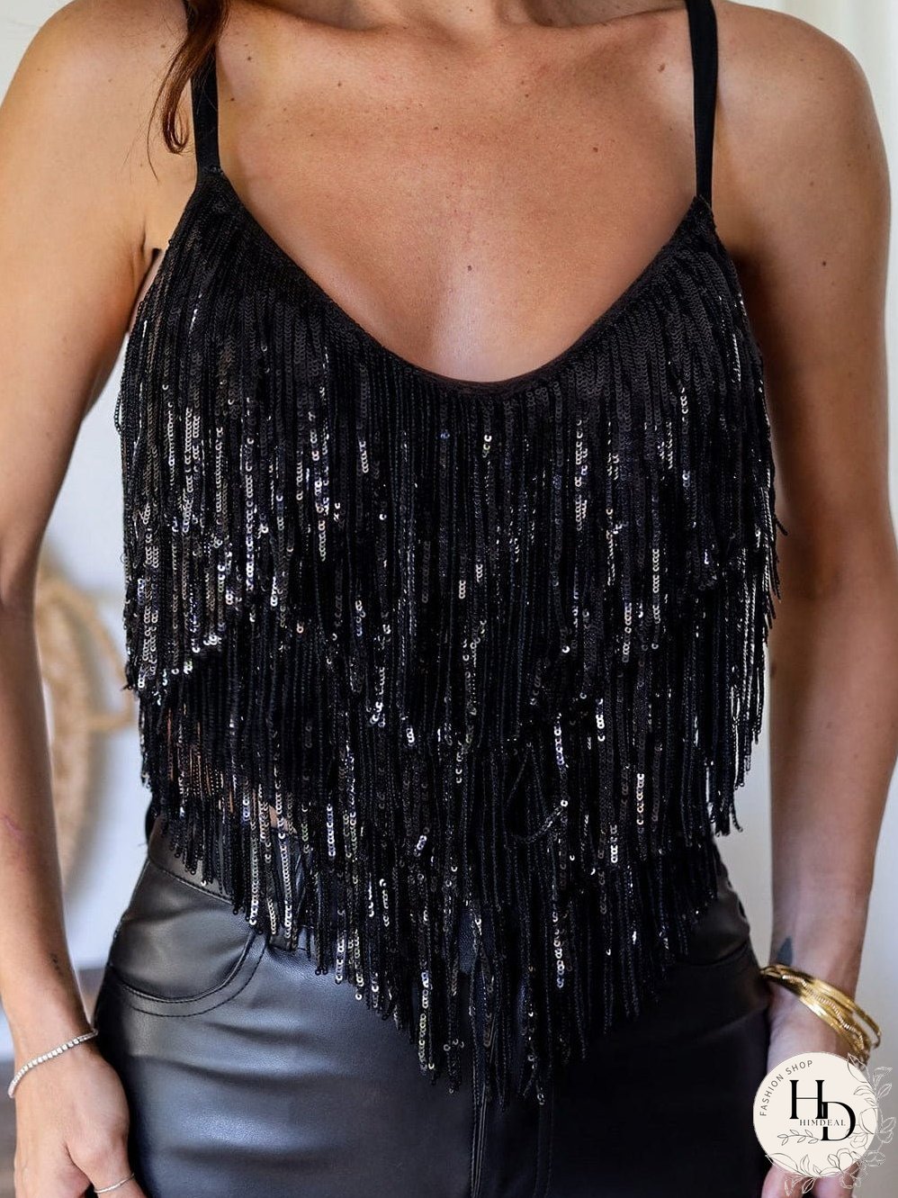 Dazzling Black Sequin Fringed Tank Crop Top
