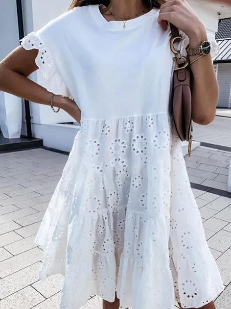 White Cotton Crew Neck Short Sleeve Dresses