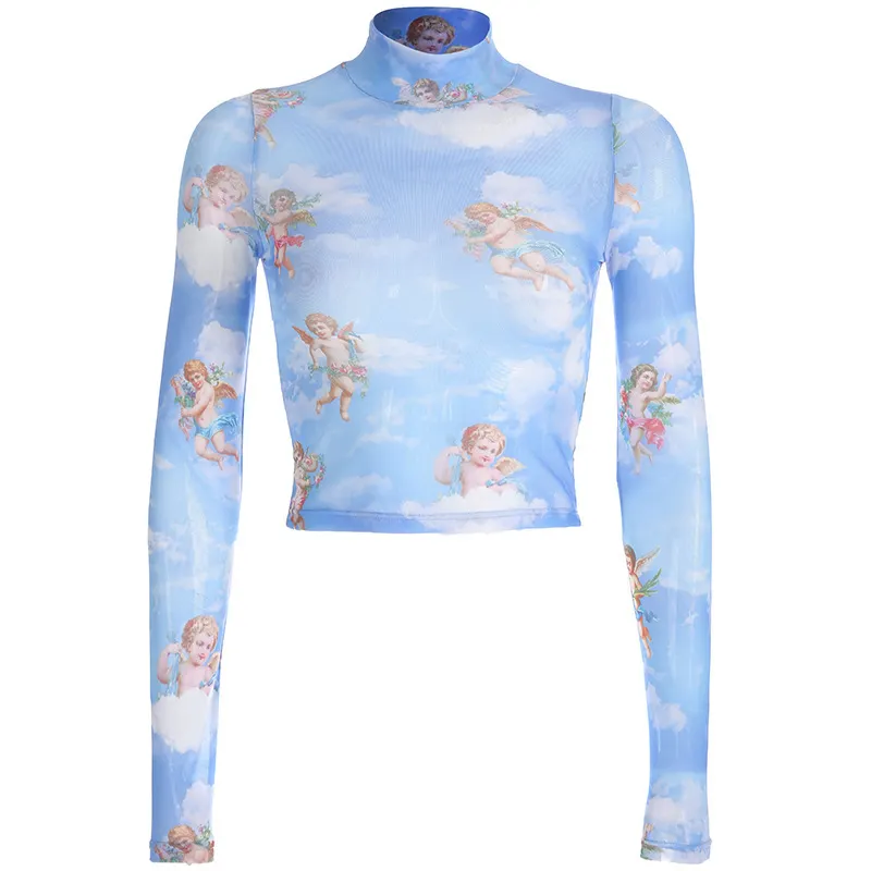 Uveng Uveng Women's Cheruel Print Gauze Short Long Sleeve T-Shirt Top Four-Leaf Clover Print Top