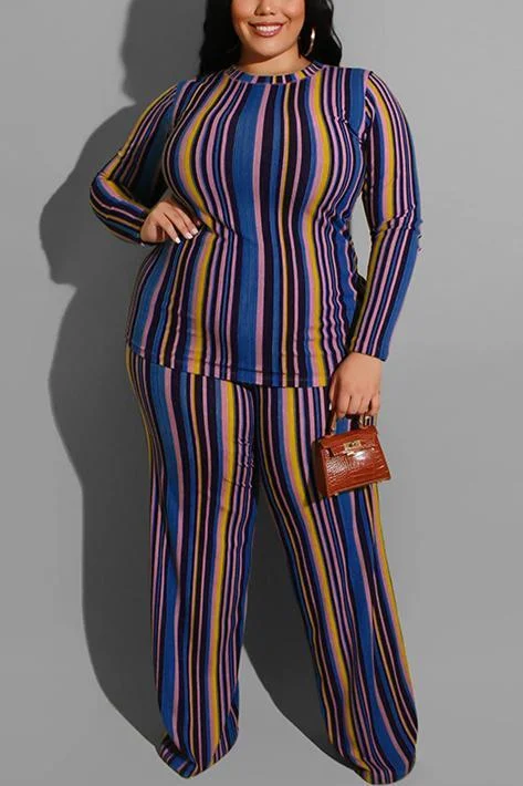 Stripe Print Knitting Large Size Two-Piece Suit