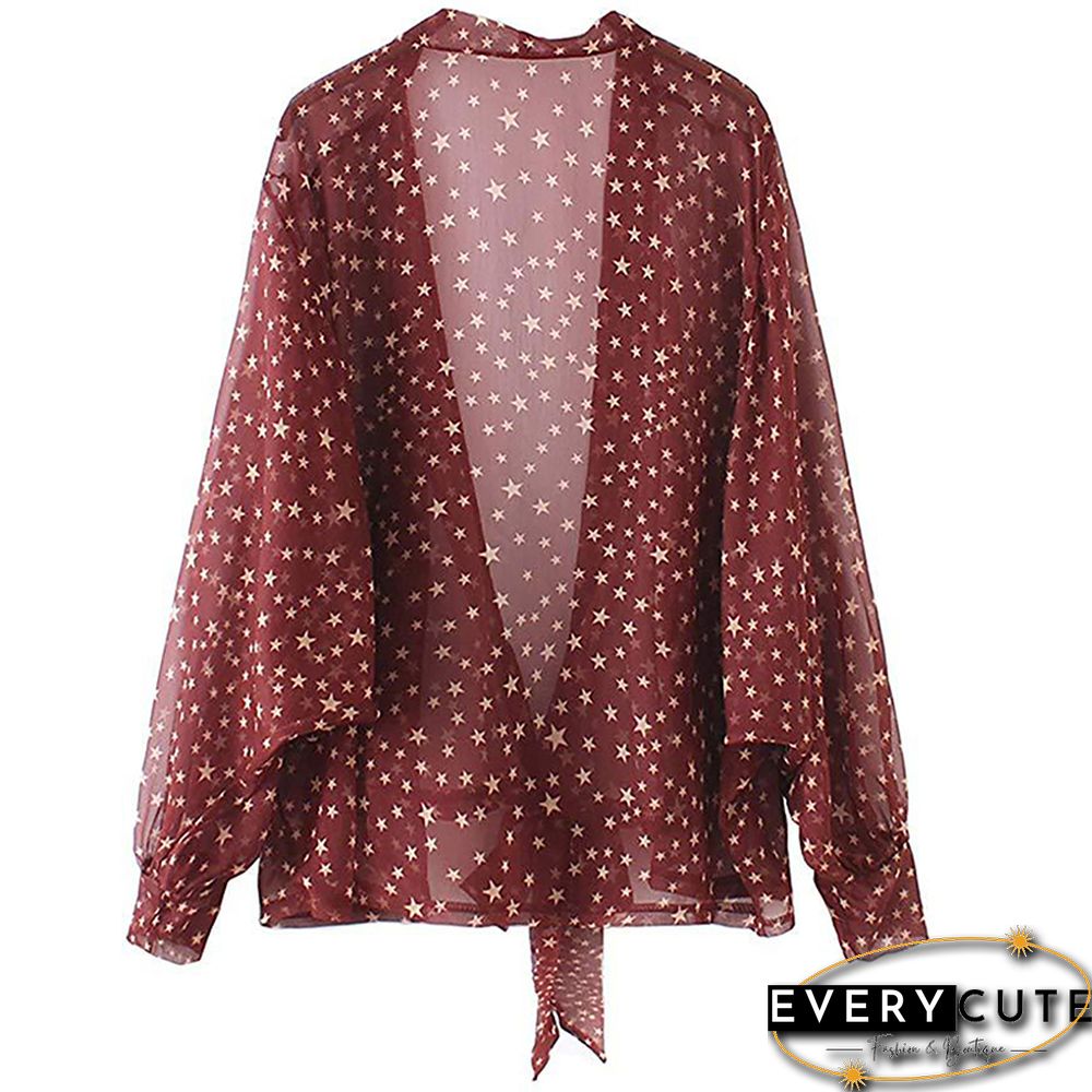 Wine Red Bowknot Cardigan Chiffon Cover Up