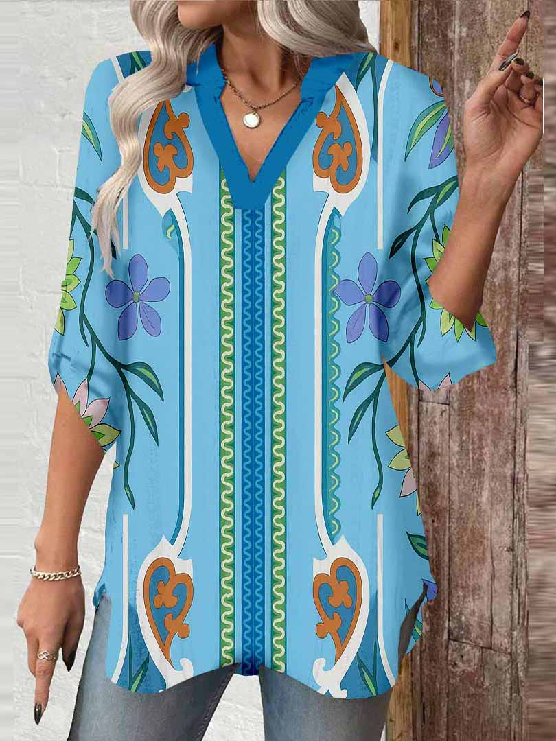 Women Artistic,Blue DZGA0270 3/4 Sleeve V-neck Printed Graphic Button Tops