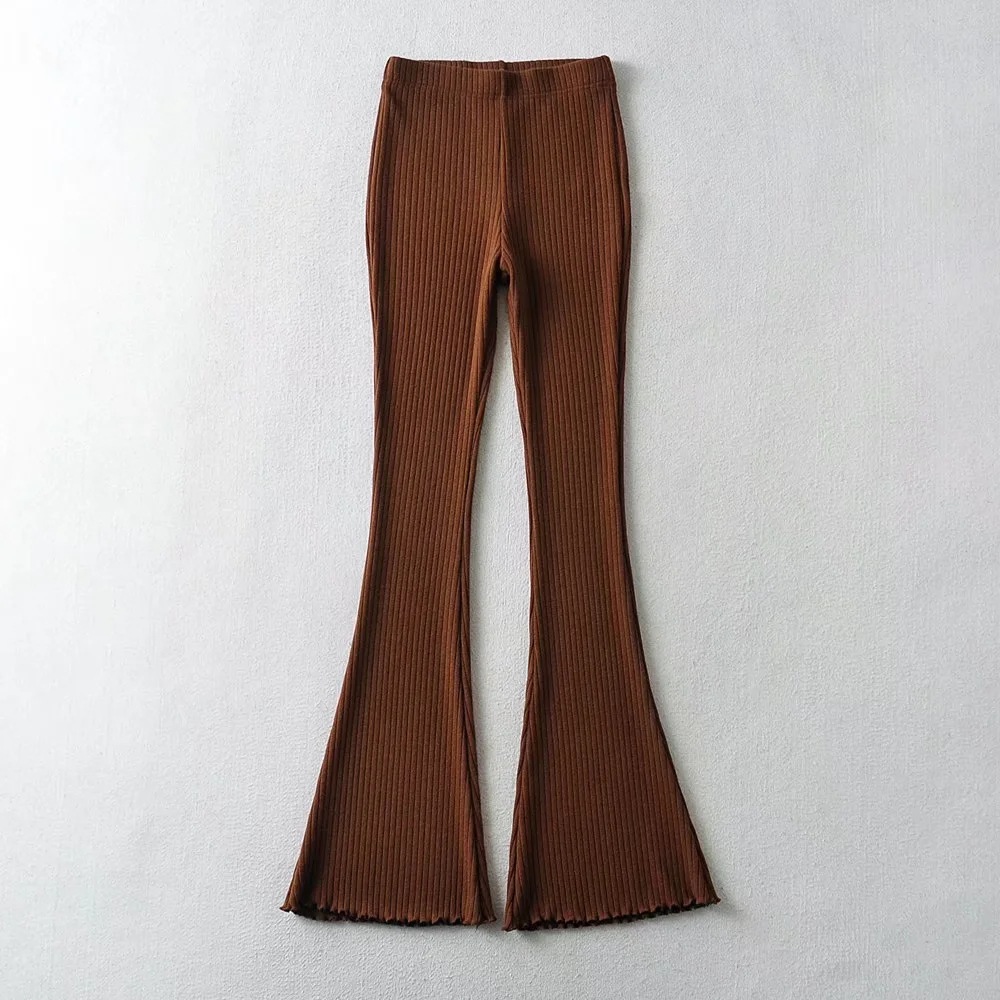 Ootddress Solid Knitted High Waist Flare Pants For Women Ribbed Casual Leggings Female Stretchy Bodycon Trousers Fashion Streetwear