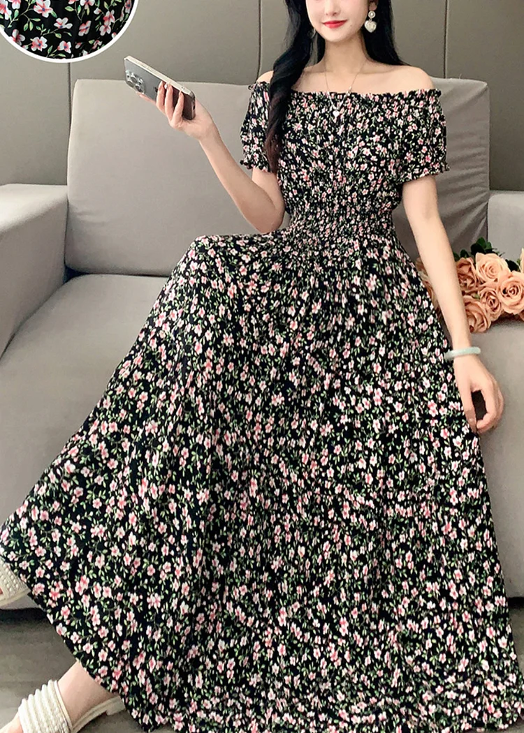 Women's floral dress, travel beach dress, printed short-sleeved one-line collar, Maxi Dress