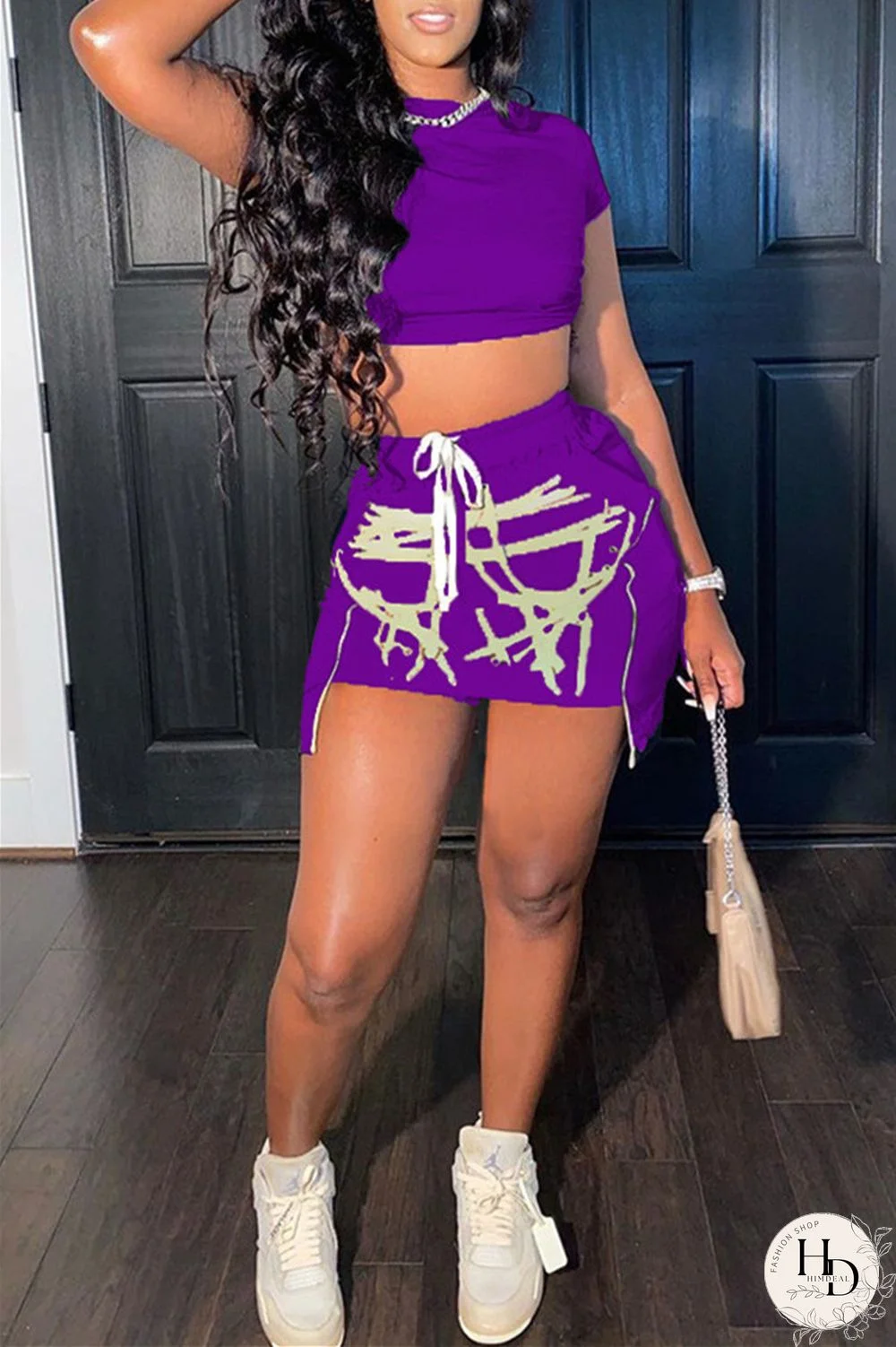 Red Fashion Sexy Print Asymmetrical O Neck Short Sleeve Two Pieces