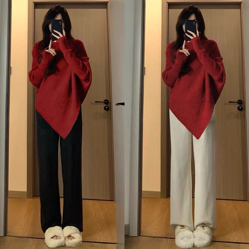 Churchf Churchf Winter Korean Version High Collar Hem Irregular Niche Design Sense Sweater Loose Lazy Wind Soft Waxy Knit Female Top
