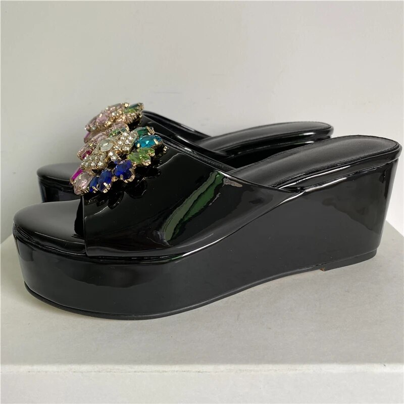 VCSHOES Rhinestone Flower Buckle Decor Sandals Women High Platform Wedges Patent Leather Slingbacks Mules