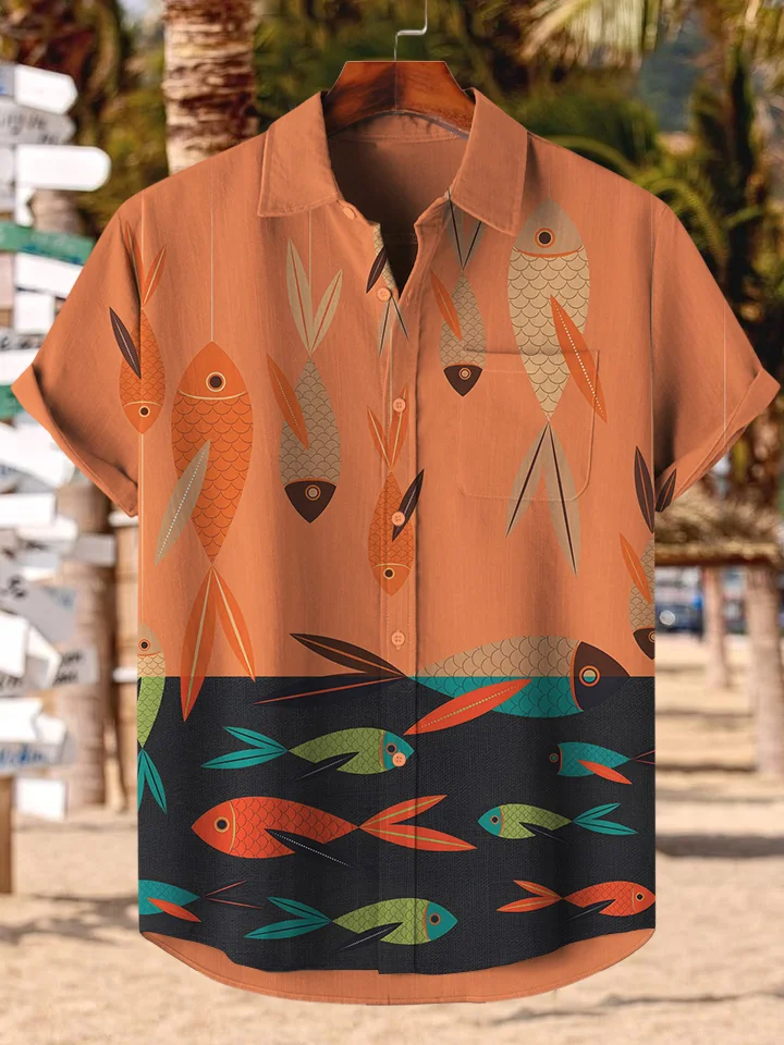 Men's Geometric Fish Graphic Printed Short Sleeve Shirt