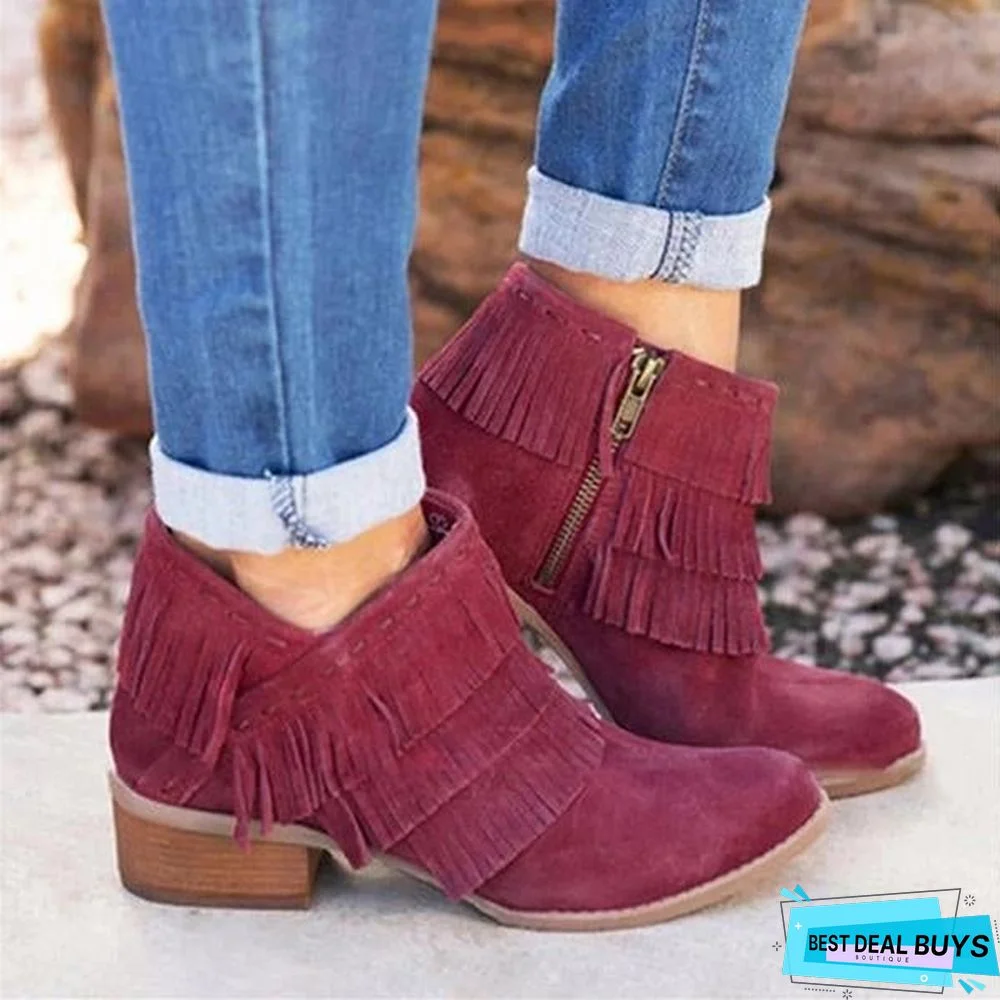Retro Tassel Zipper Boots Women's Casual Ankle Boot