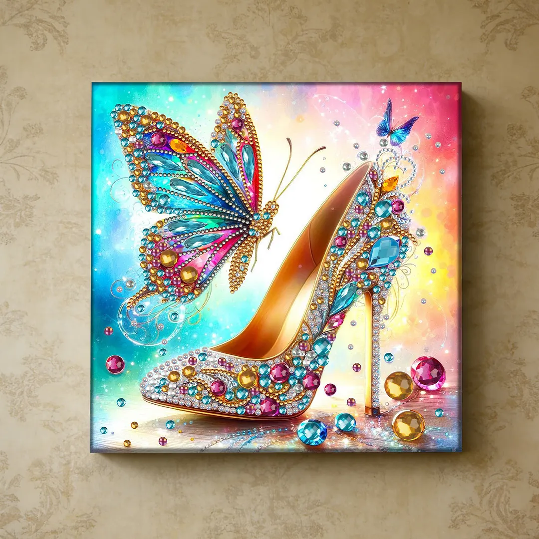 Butterfly High Heels Special Shaped DIY Large Diamond Painting Kit w/ Frame 9.84x9.84inch