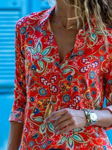 Floral Printed Casual Shirt Collar Blouse