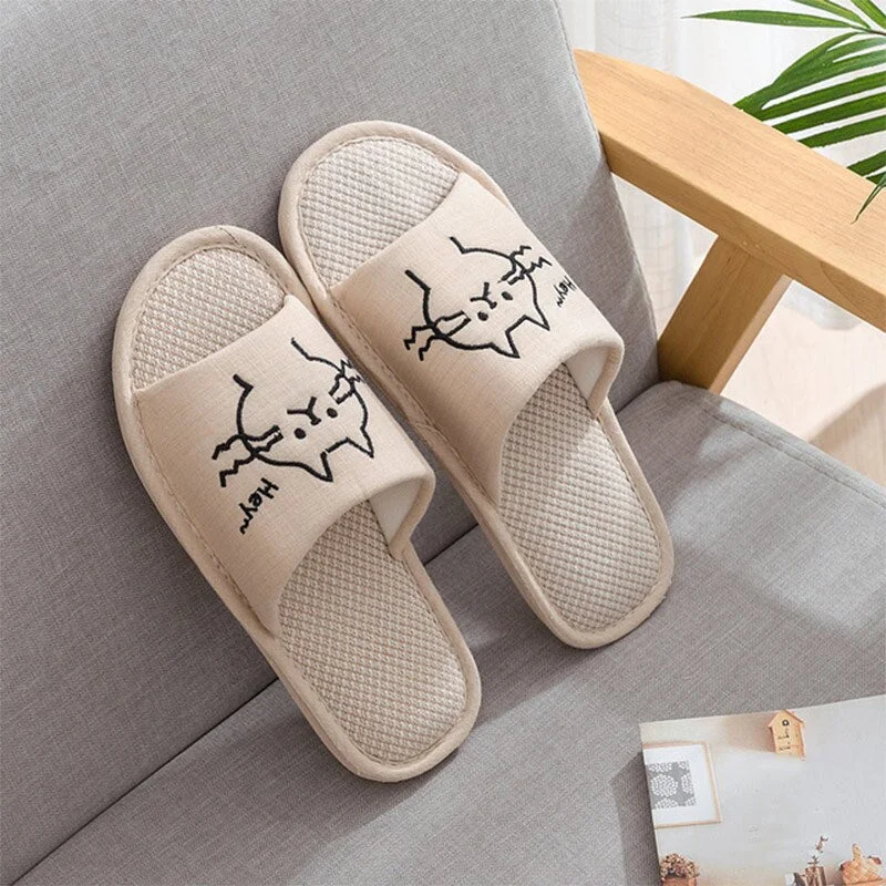 Women Home Slippers Indoor Soft Shoes Cartton Cat Female Slipper Linen Sole Plush Winter Woman House Cute Fashion Comfortable