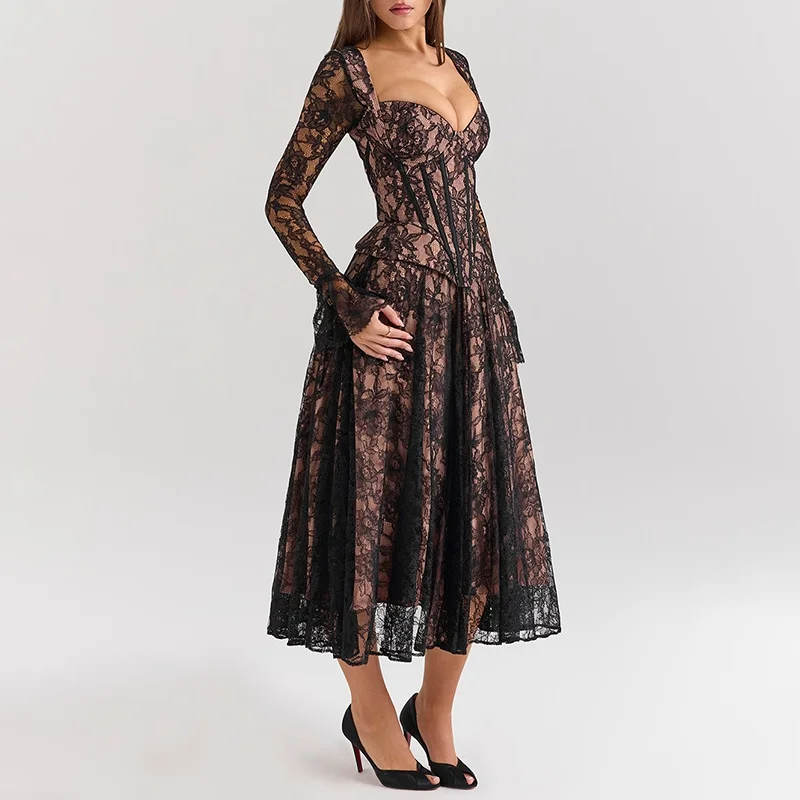 Brownm Sexy Wind Dress Women 2025 Spring New Fashion Lace Fish Bone Splicing Design Sense Long-Sleeved Skirt