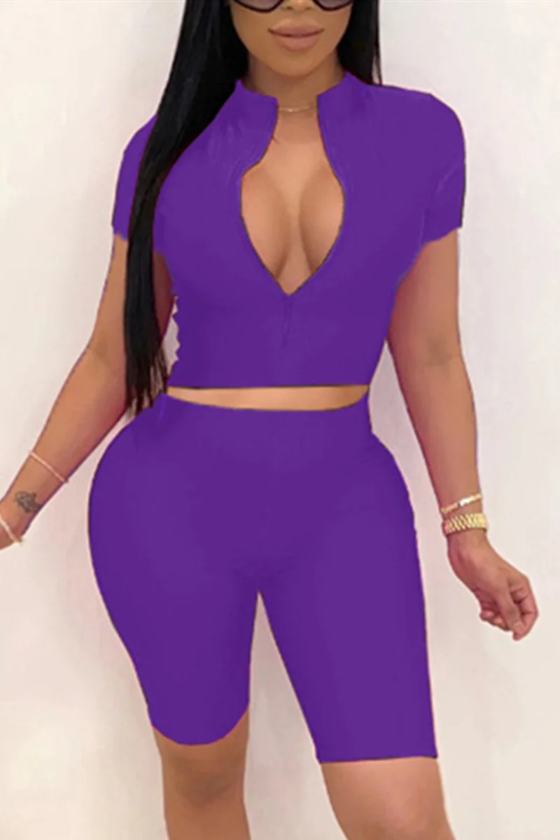 purple Fashion Sexy adult Ma'am Solid Two Piece Suits pencil Short Sleeve Two Pieces | EGEMISS