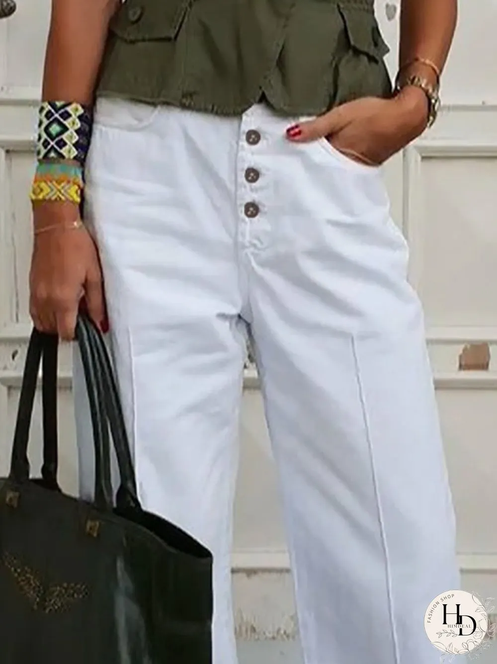 Plain Pockets Plus Size Buttoned Casual Pants