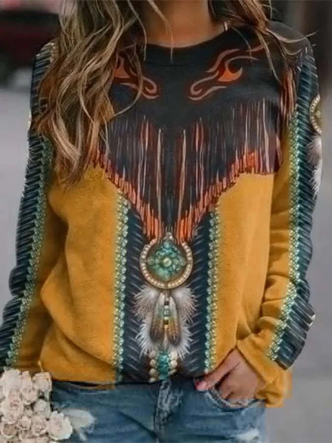Vintage Western Fringe Print Long Sleeve Sweatshirt