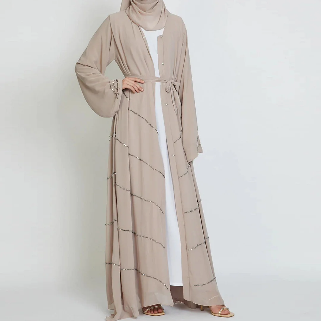 Brownm Daily Solid Color Beading Robe Dresses