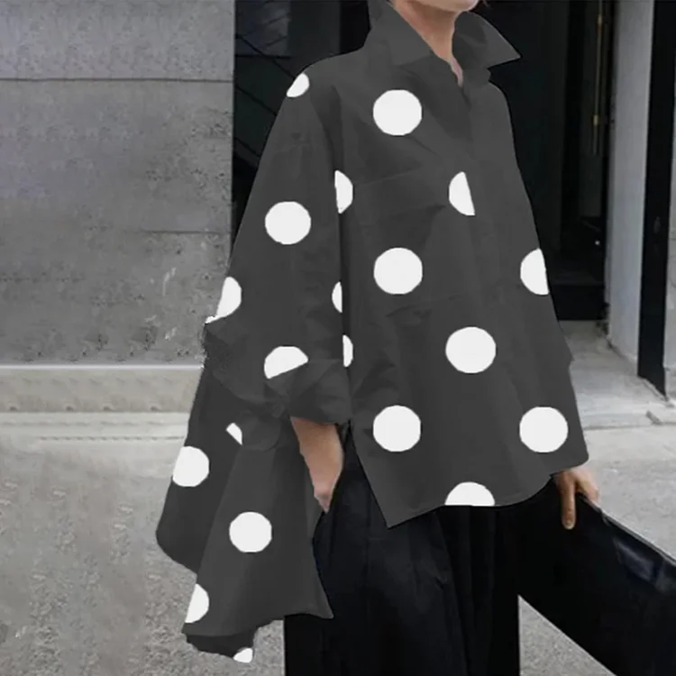 Casual Polka Dot Print Irregular Long Sleeve Shirt