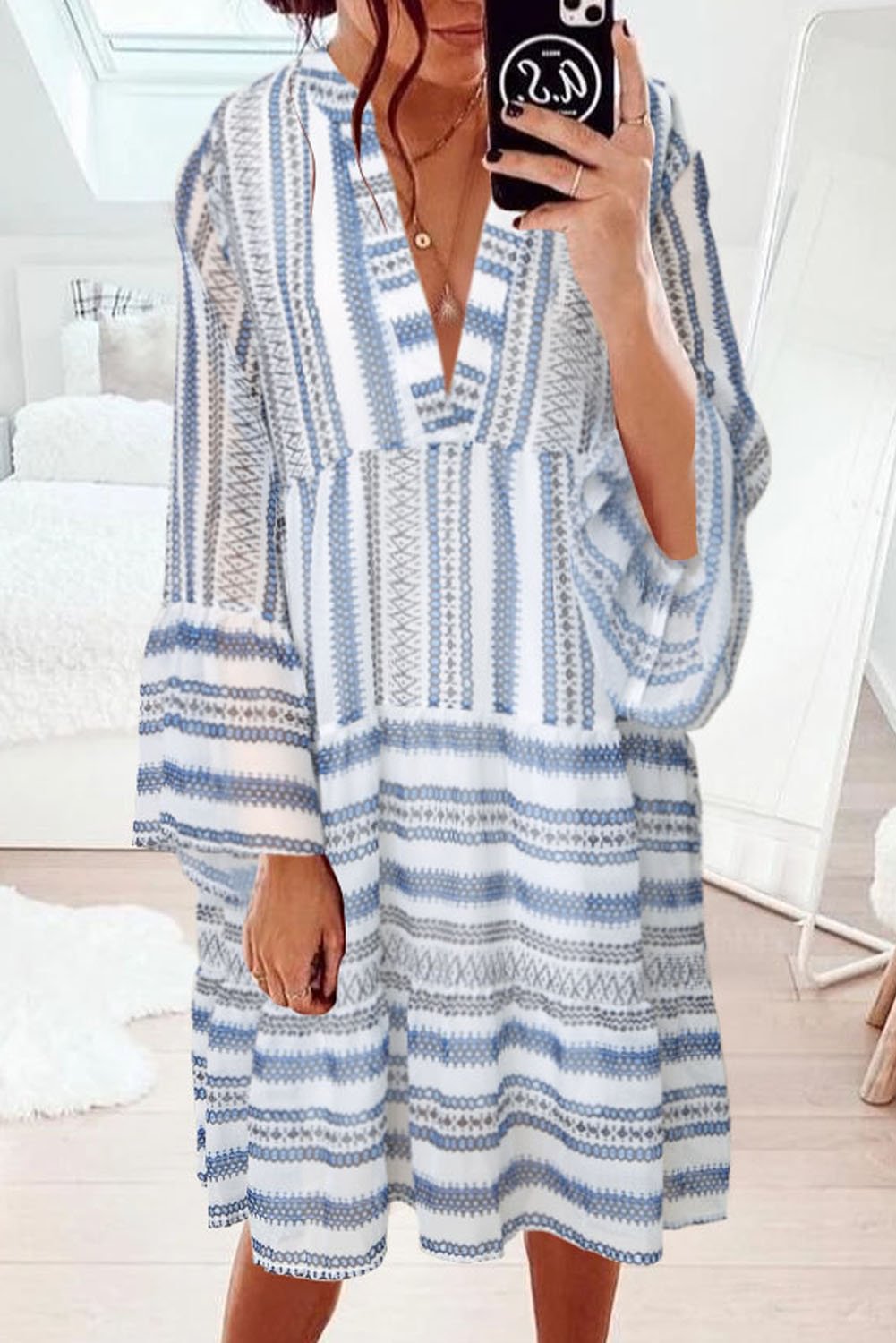 Sky Blue Women's Dresses Print Purf Sleeve Mini Dress LC221397-4