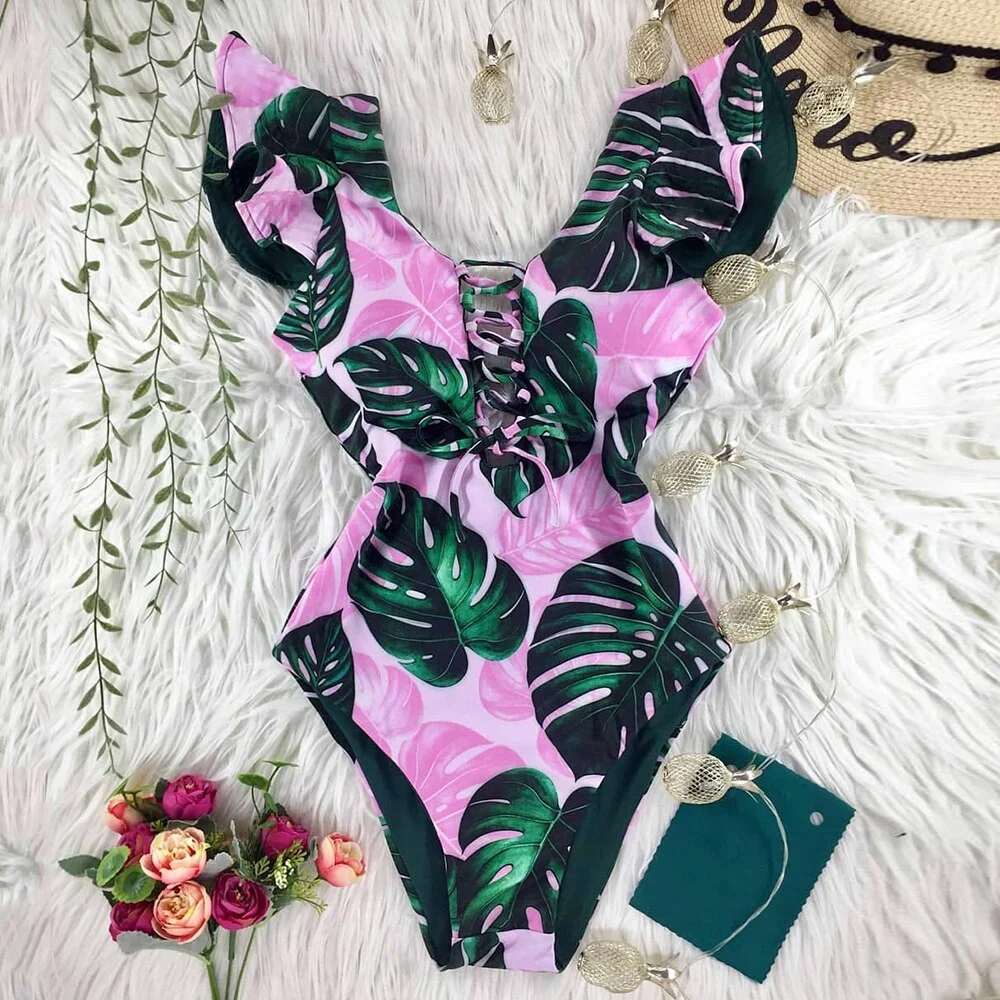 2022 New Sexy Ruffle Print Floral One Piece Strappy Slimming Swimwear Women Swimsuit Deep-V Bathing Suit Beach Wear Monkini
