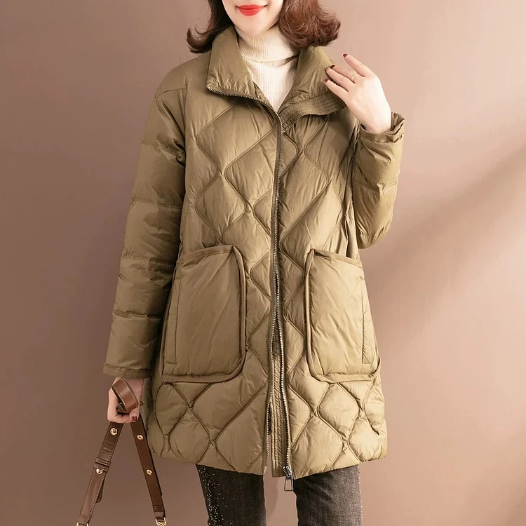 Stand collar diamond check mid-length down jacket