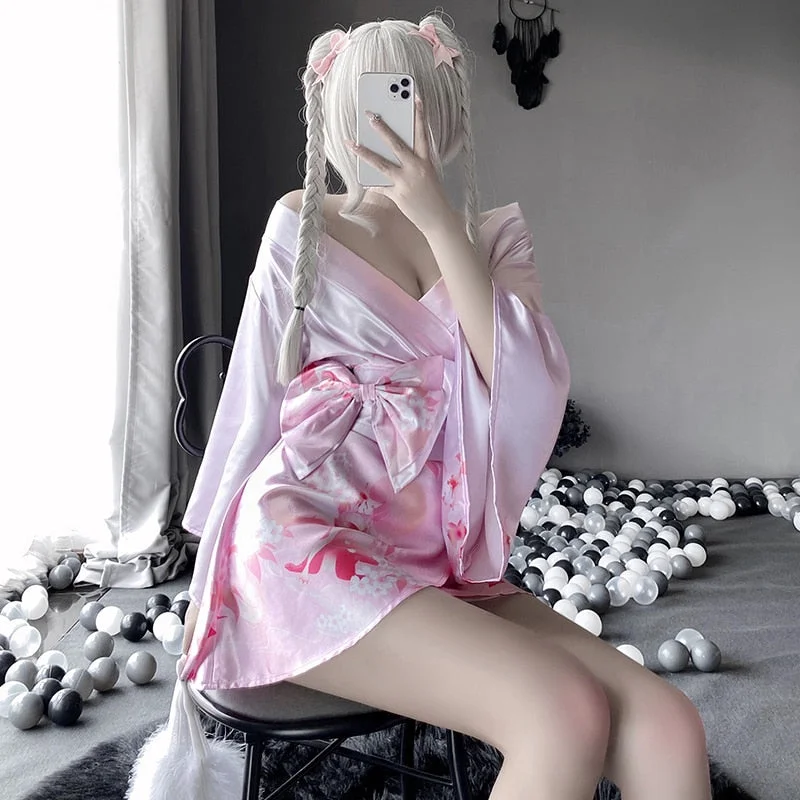 3Pcs Japanese Kimono Women Sexy Cosplay Uniform Soft Silk Bow Belt Purple Pink Traditional Style Costumes Pajamas Perspective