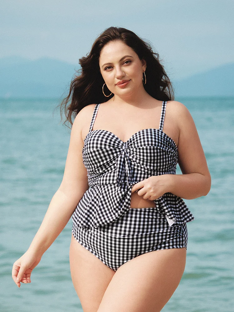 Black Gingham Plus Size Tankini Top