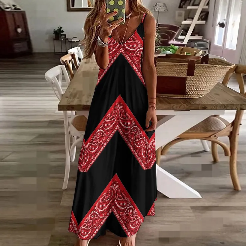 red flowy beach dress Paisley Bandana Hanky Women's Casual Strappy V Neck Sleeveless Loose Long Maxi Sundress Green Lantern