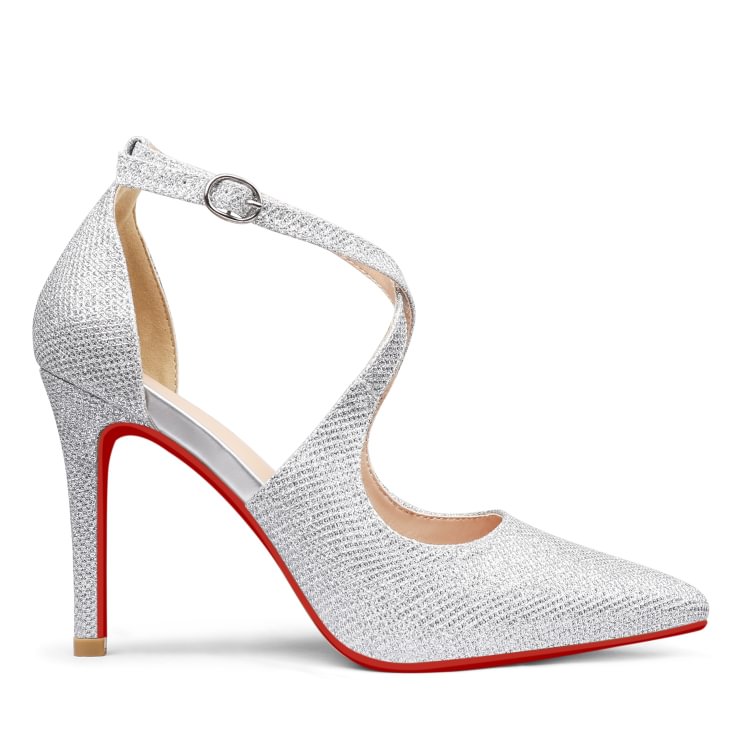 95mm Women's Pointed Toe Cross Strap Heels Red Bottoms Pumps Shoes Glitter VOCOSI VOCOSI