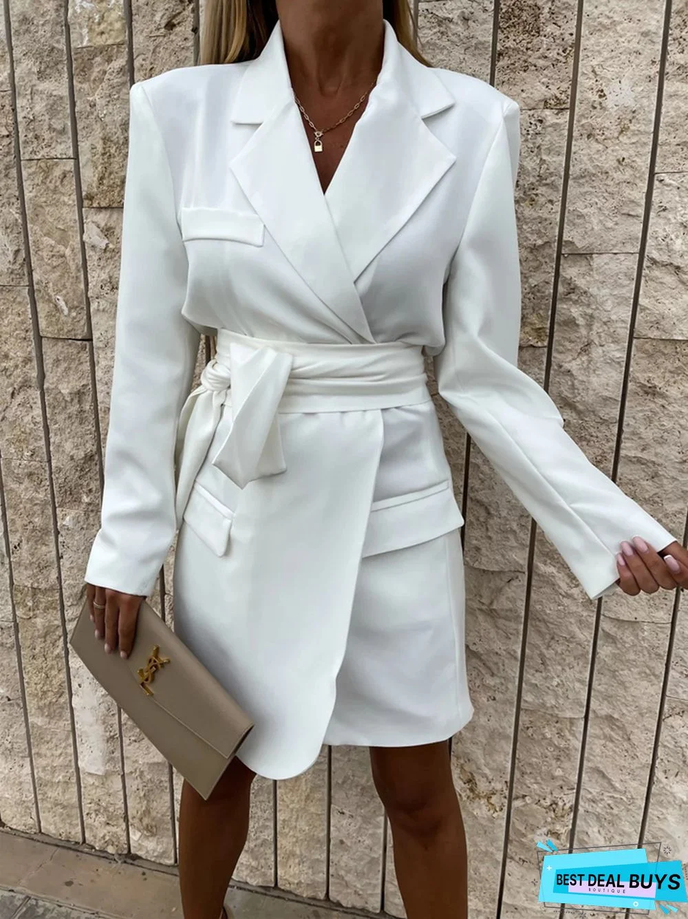 Waist-Tied Loose Candy-Colored Suit Collar Dress