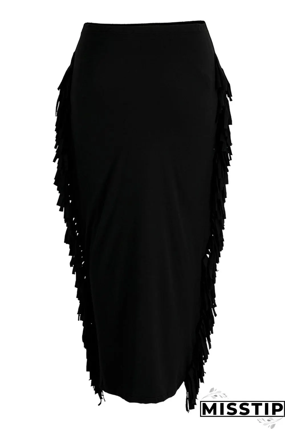 Black Casual Solid Tassel Patchwork Plus Size