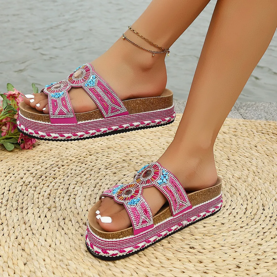 Breakj Breakj New Thick Bottom Rope Double Buckle Drill Softwood Beach Slippers Large Size Women's Shoes