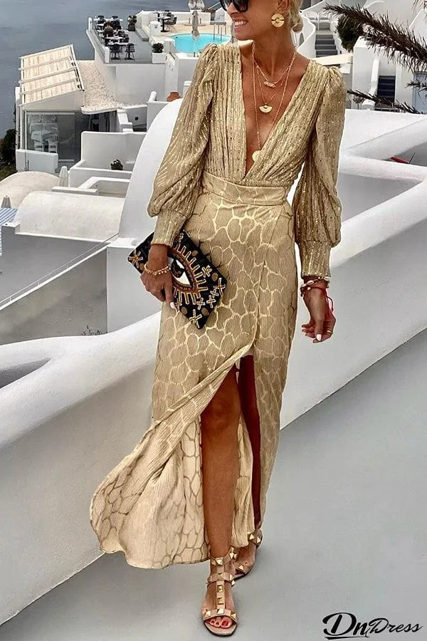 Gold Coast Long Sleeve V Neck Top Slit Skirt Set