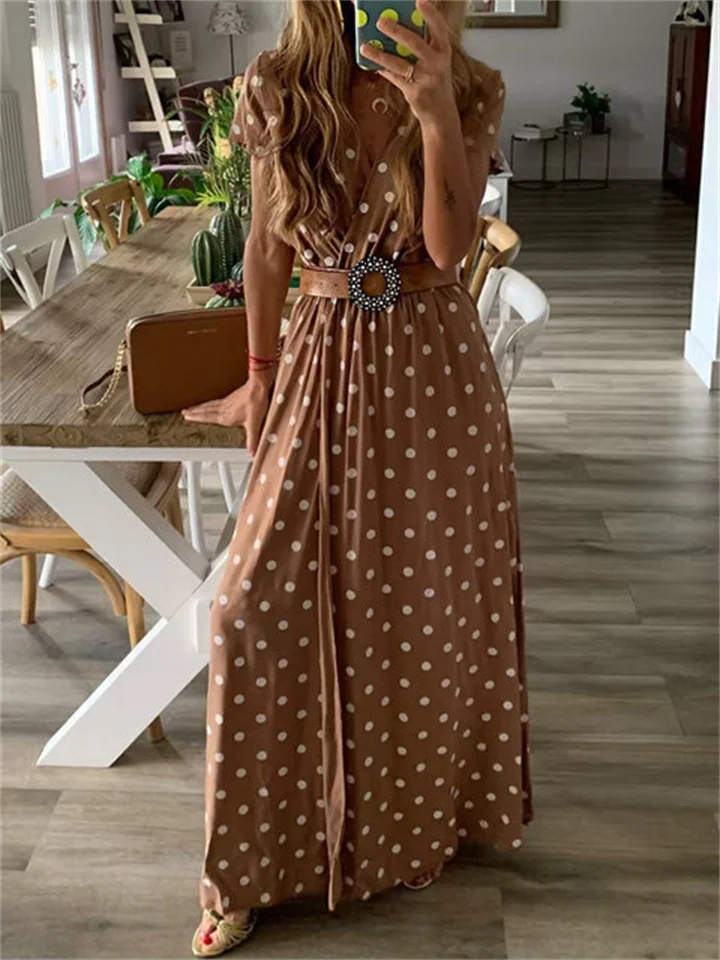 Summer V-Neck Short Sleeve Polka Dot Long Skirt Big Swing Dress