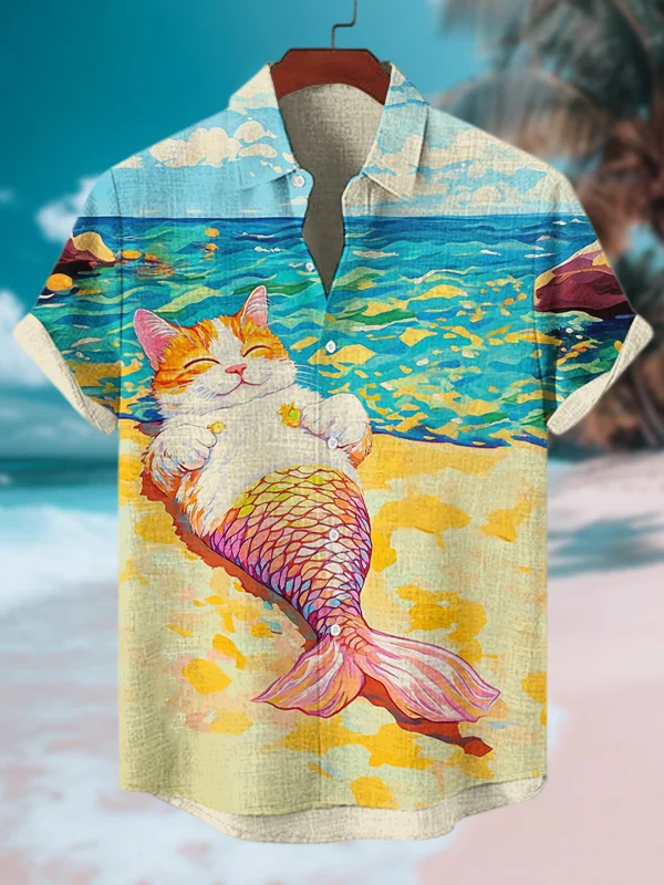 Men's Cat Mermaid Print Vacation Shirt
