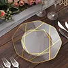 10 Pack | 10" Clear / Gold Geometric Design Plastic Dinner Plates, Disposable Octagon Party Plates