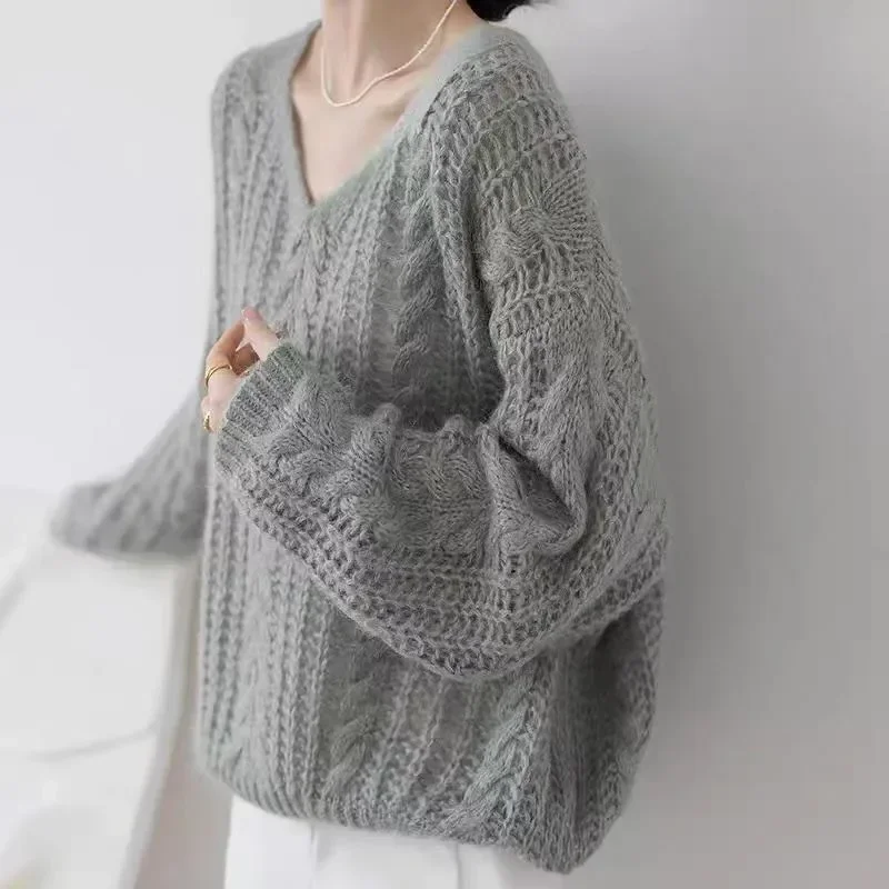 Laimisenergy Solid Casual Loose Women Sweater Autumn New V-Neck Soft Knitted Sweaters Woman Pullover Lazy Style All-Match Thin Jersey Jumper