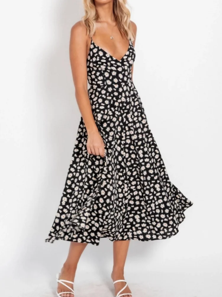 Daisy Floral V Neck Wide Skirt Maxi Dress