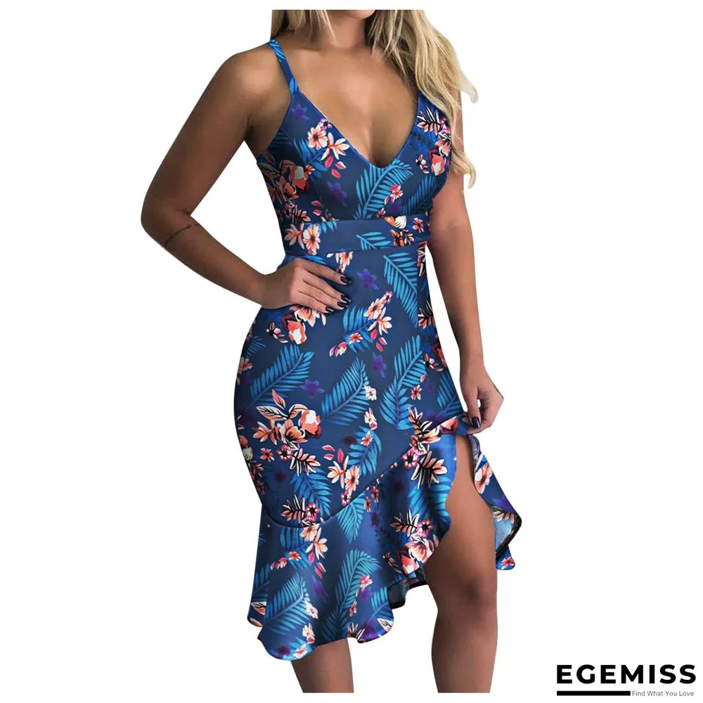 Printed Low-cut Sling V-neck Ruffled Hip Dress | EGEMISS