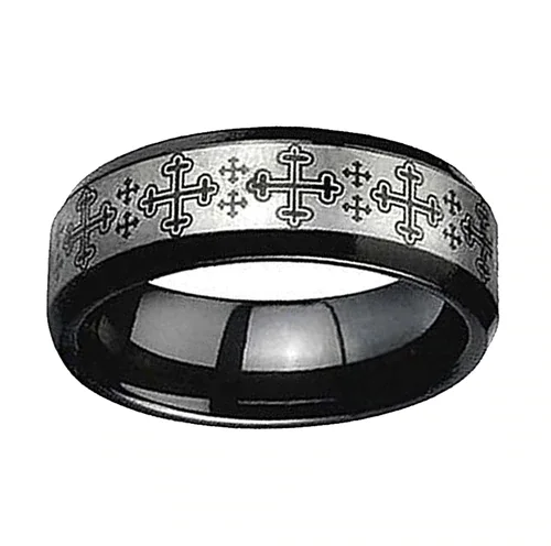 Women's Or Men's Tungsten Carbide Wedding Band Rings,Black with Laser Etched Medieval Crosses and Beveled Edge Ring With Mens And Womens For Width 4MM 6MM 8MM 10MM