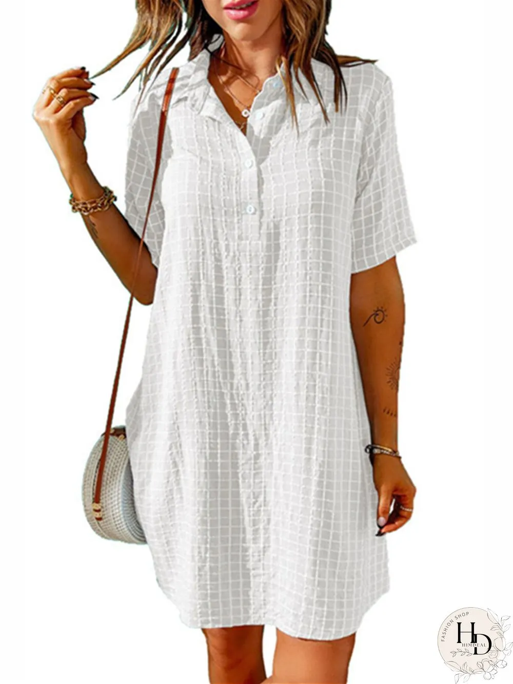 Women's Casual Shirt Short Skirt Lapel Plaid Loose Short Sleeve Dress White Dress