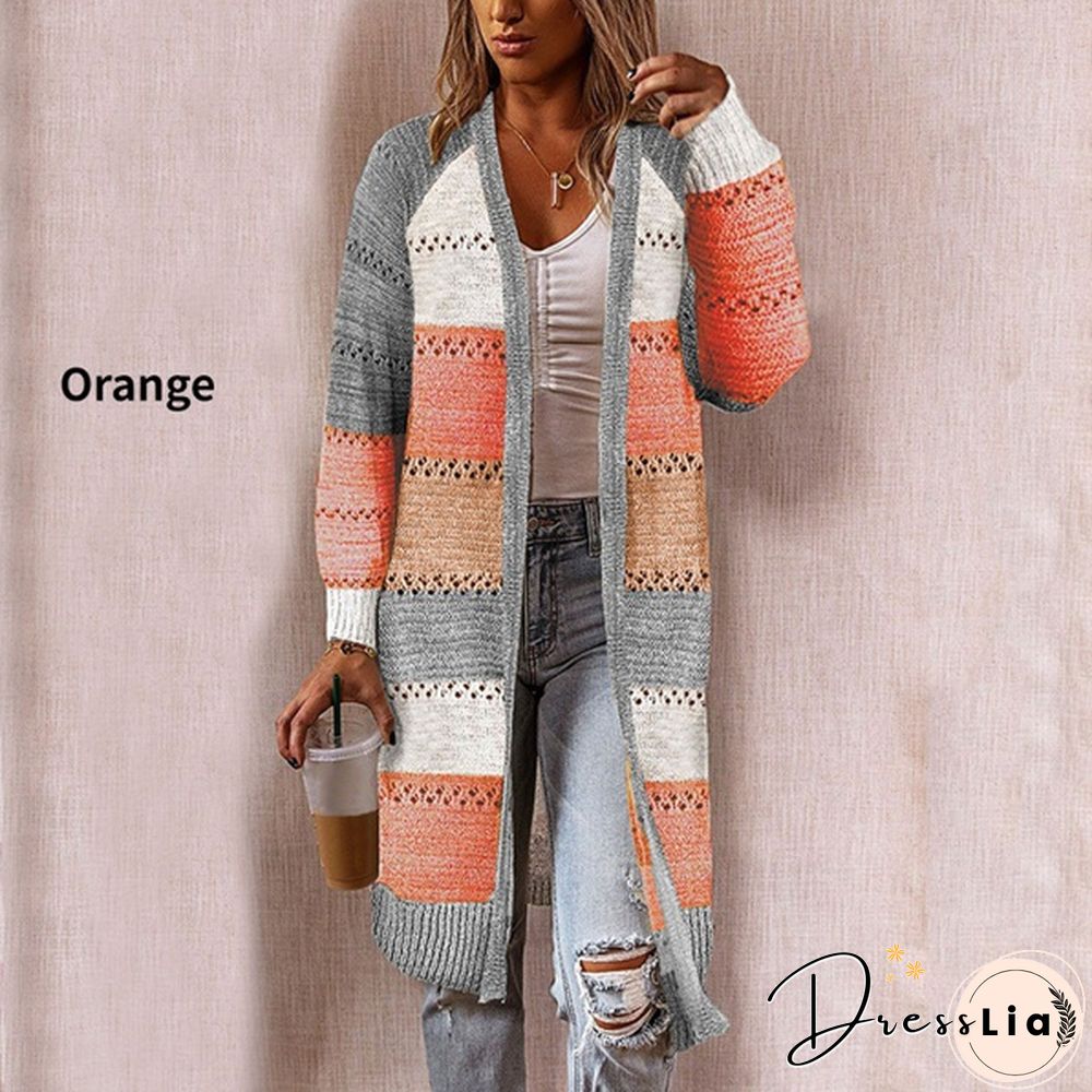 New Fashion Women Cardigan Comfy Stylish Stitching Long Sleeve Striped Patchwork Sweater Female Casual Long Cardigan Autumn Winter Tops
