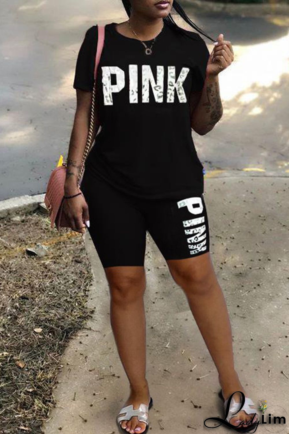 Rose Red Fashion Casual Letter Print Patchwork O Neck Short Sleeve Plus Size Two Pieces