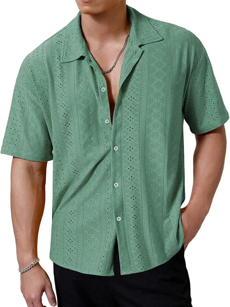 Men's Summer Solid Color Jacquard Lapel Short Sleeve Shirt