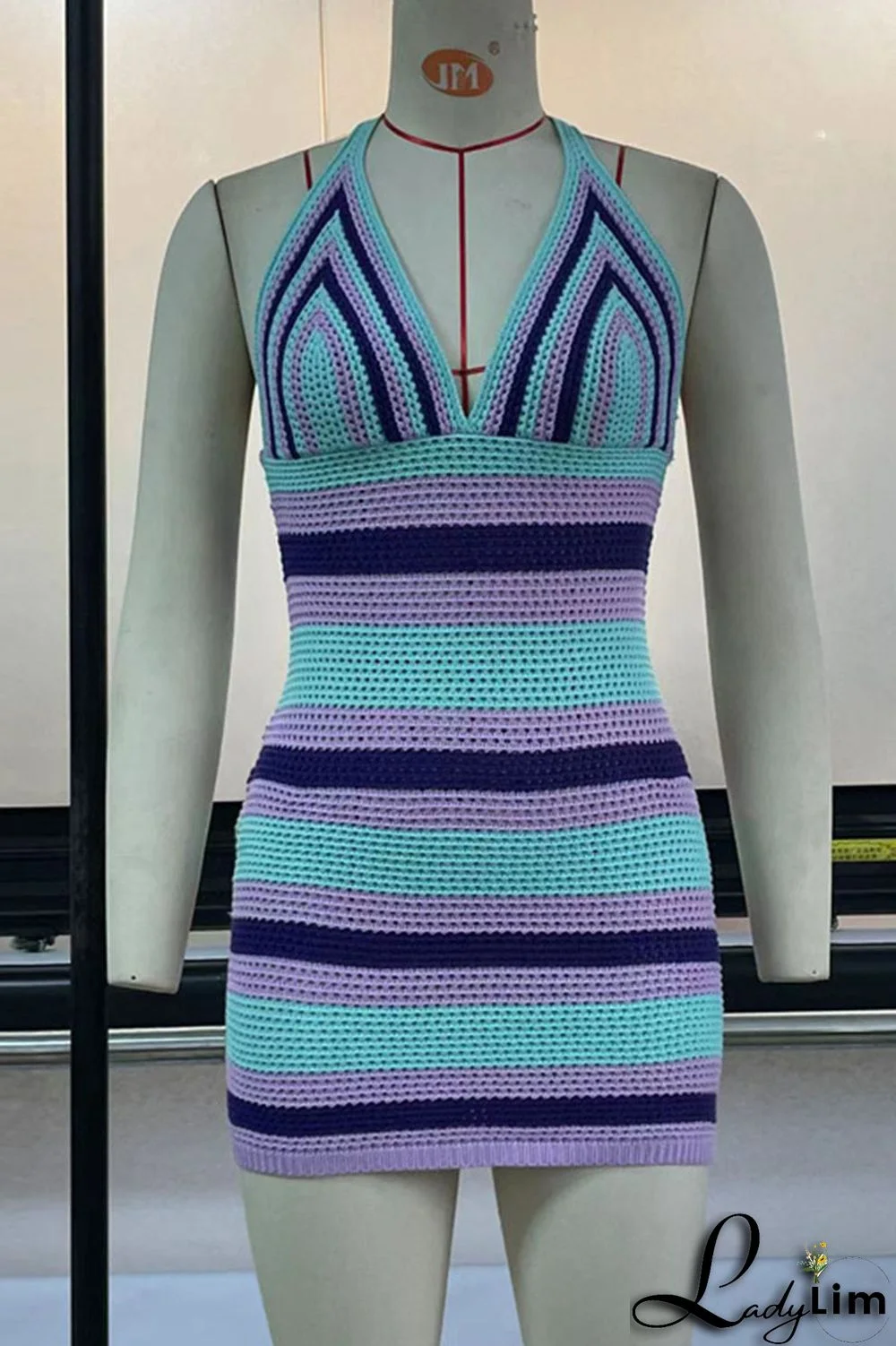 Green Sexy Print Split Joint Backless Halter Pencil Skirt Dresses