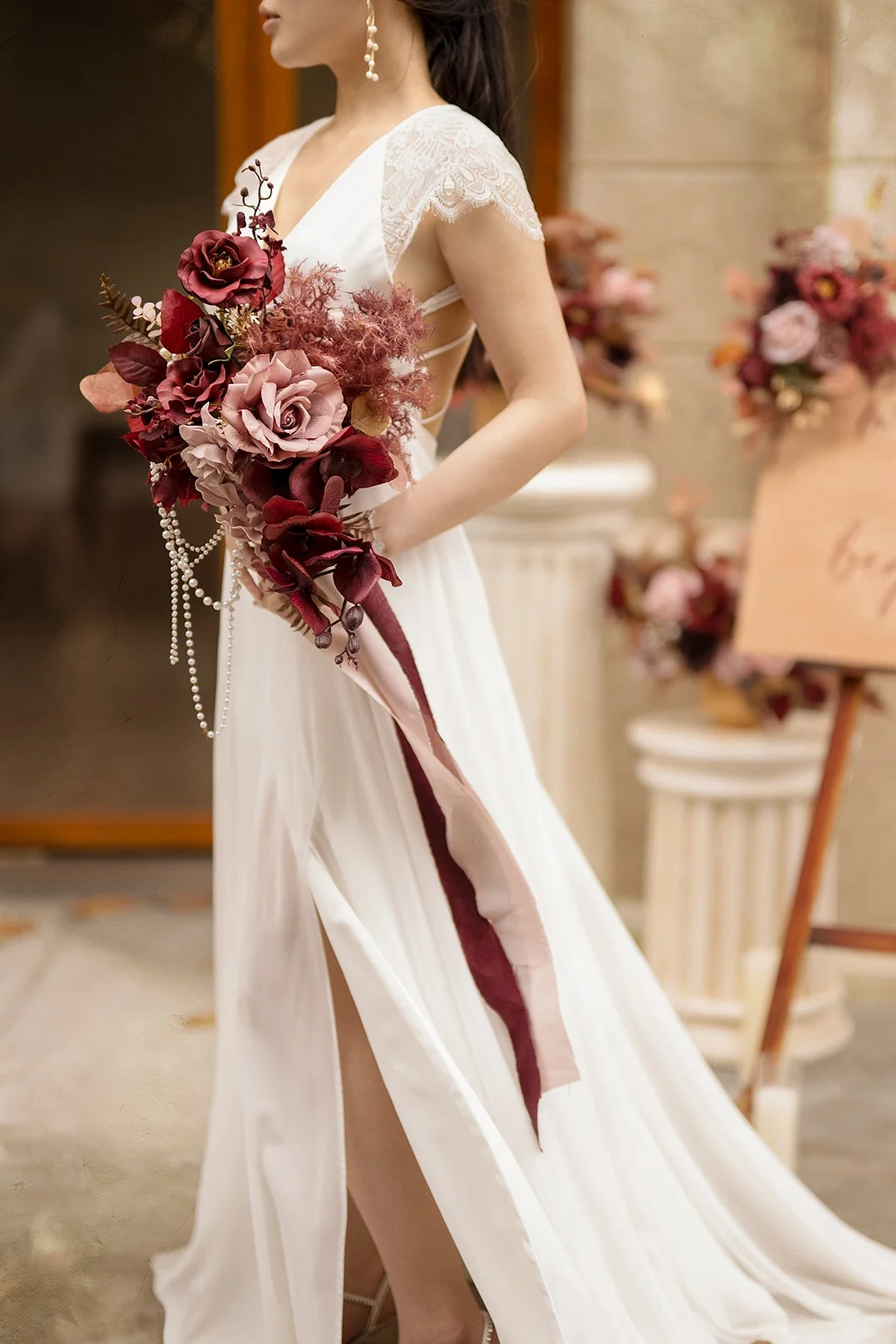 Standard Cascade Bridal Bouquet in Burgundy & Dusty Rose