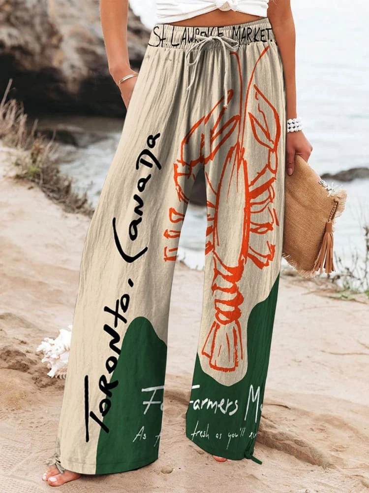 Women's Vintage Lobster Art Print Cotton And Linen Casual Pants