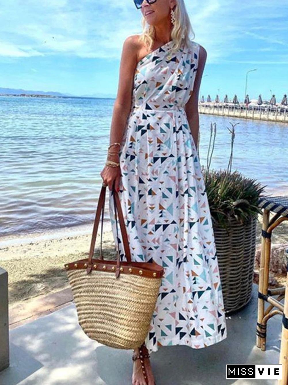 One-shoulder Printed Boho Maxi Dress P13794