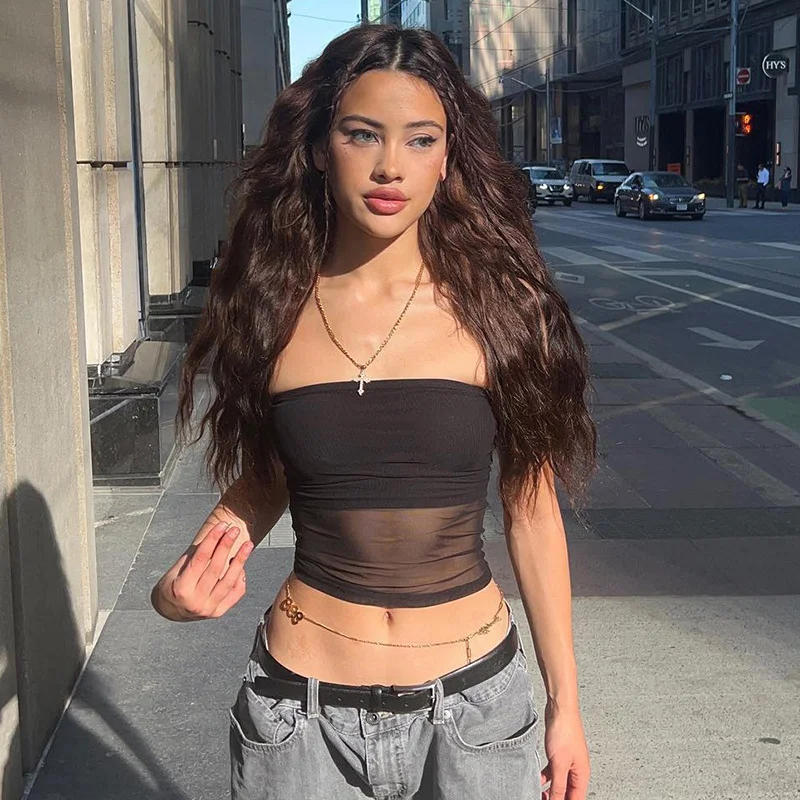 Churchf Churchf New 2024 Solid Color Sleeve Sleeveless Mesh Crop Casual Women's Top Vest