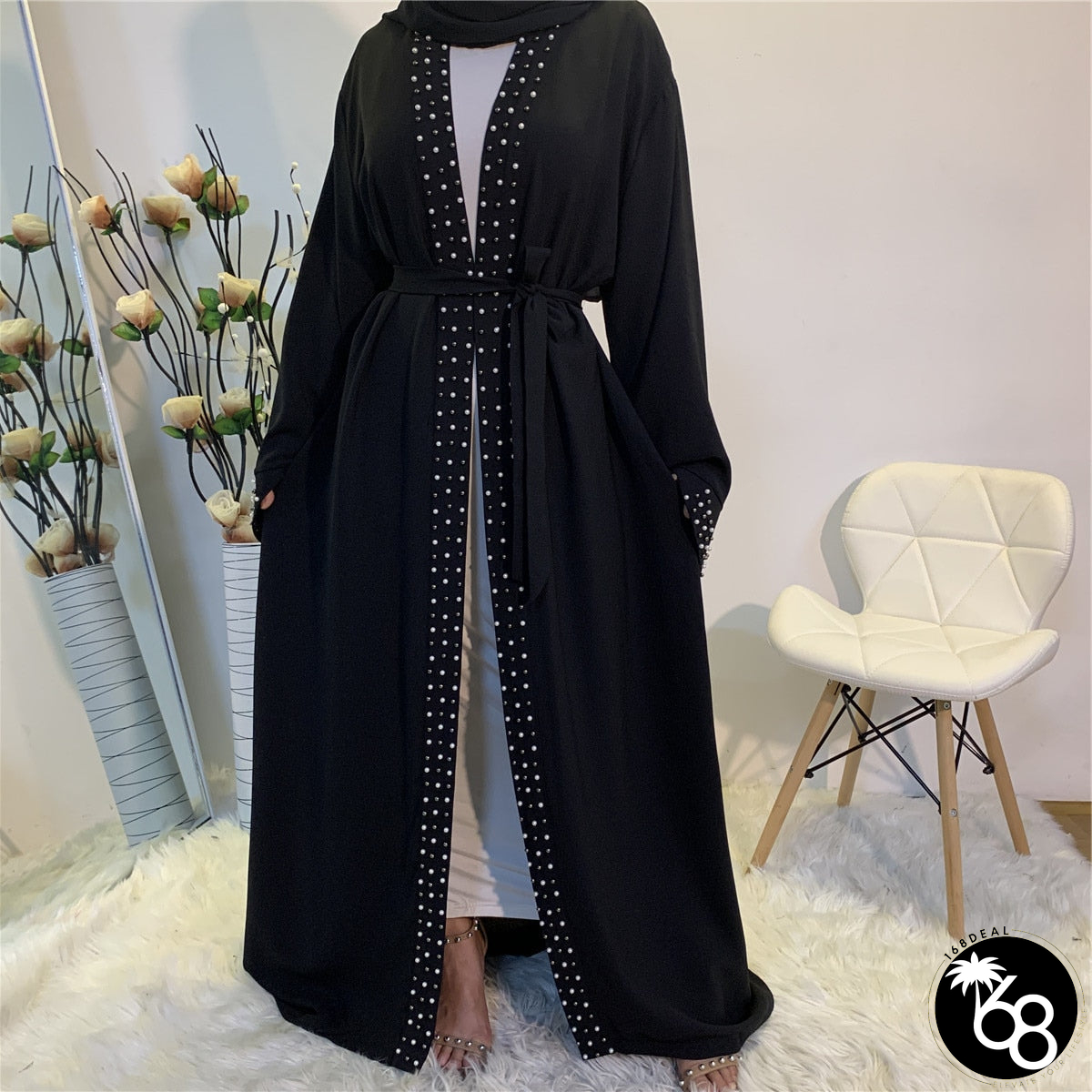 Women's Arabian V-Neck Polyester Full Sleeve Pearl Pattern Abaya | 168DEAL